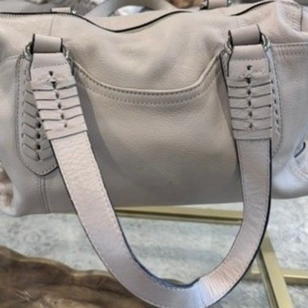 B Makowsky Cream Pebbled Leather Satchel Shoulder Bag Whipstitch Cream - Picture 2 of 16
